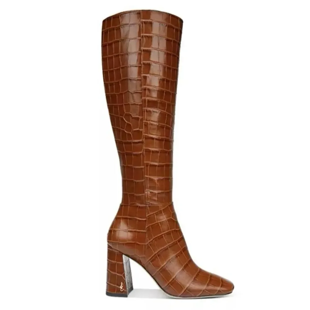 NEW SAM EDELMAN Clarem Leather Croc Embossed High Block Heeled Tall Boots SZ 6.5 - Picture 3 of 13